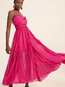 Femmeiva Solid Color Chiffon Spaghetti Strap Waist Flared Hem Vacation Style European And American Women's Ruffle Trim Sleeveless Dress - Hot Pink - View 5