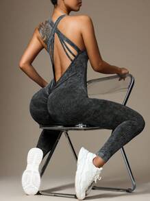 Slayform 女士酸洗交叉后背运动连体裤 - 黑色 - 查看 6