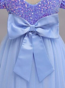 Abito da sposa per ragazza, abito lungo azzurro con perle e fiocco per l'estate, adatto per damigella, hostess di matrimonio o recital di pianoforte, stile di lusso e principesco con maniche corte - Blu - Visualizzare 4