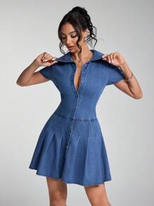 Jeanoix 时尚前扣褶皱短款牛仔连衣裙 - 中等水洗藍 - 查看 5