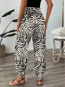 SHEIN LUNE 女士复古印花休闲高腰抽绳下摆长裤，适合夏季度假 - 彩色 - 查看 2