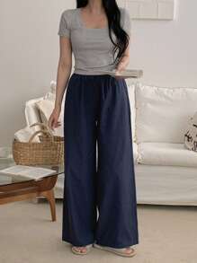 DAZY 2件套女士方领修身短袖T恤和宽松直筒长裤睡衣套装，夏季 - 灰色 - 查看 4