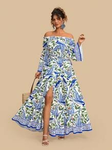 Travachic Plus Size Women's Off Shoulder Tie-Up Floral Print High Slit Maxi Dress, Casual Resort Style Bohemian Vacation Long Dress Vacation Outfits Woman  Vacay Outfits Women Beach Outfits For Women Holiday Outfits  Summer Outfits City Break Outfits Boho Chic Boho Style European Summer Island Vacation Outfits Honeymoon Outfits  Birthday Outfits For Women Old Money Mujer Miami Outfits  Saint-Tropez Outfits Tulum Outfits  South Beach Outfits Santorini Greece Outfits Amalfi Coast Outfits   Ibiza Outfits  Island Girl Plus Brunch Outfits Airport Outfit Club Outfits Women Teacher Outfits For Women Western Clothes For Women Western Wear Women Plus Off Shoulder Dress Long Sleeve Dresses