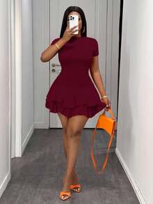 Slaydiva 无袖圆领荷叶边修身迷你连衣裙，休闲夏日时尚 - 酒紅色 - 查看 6