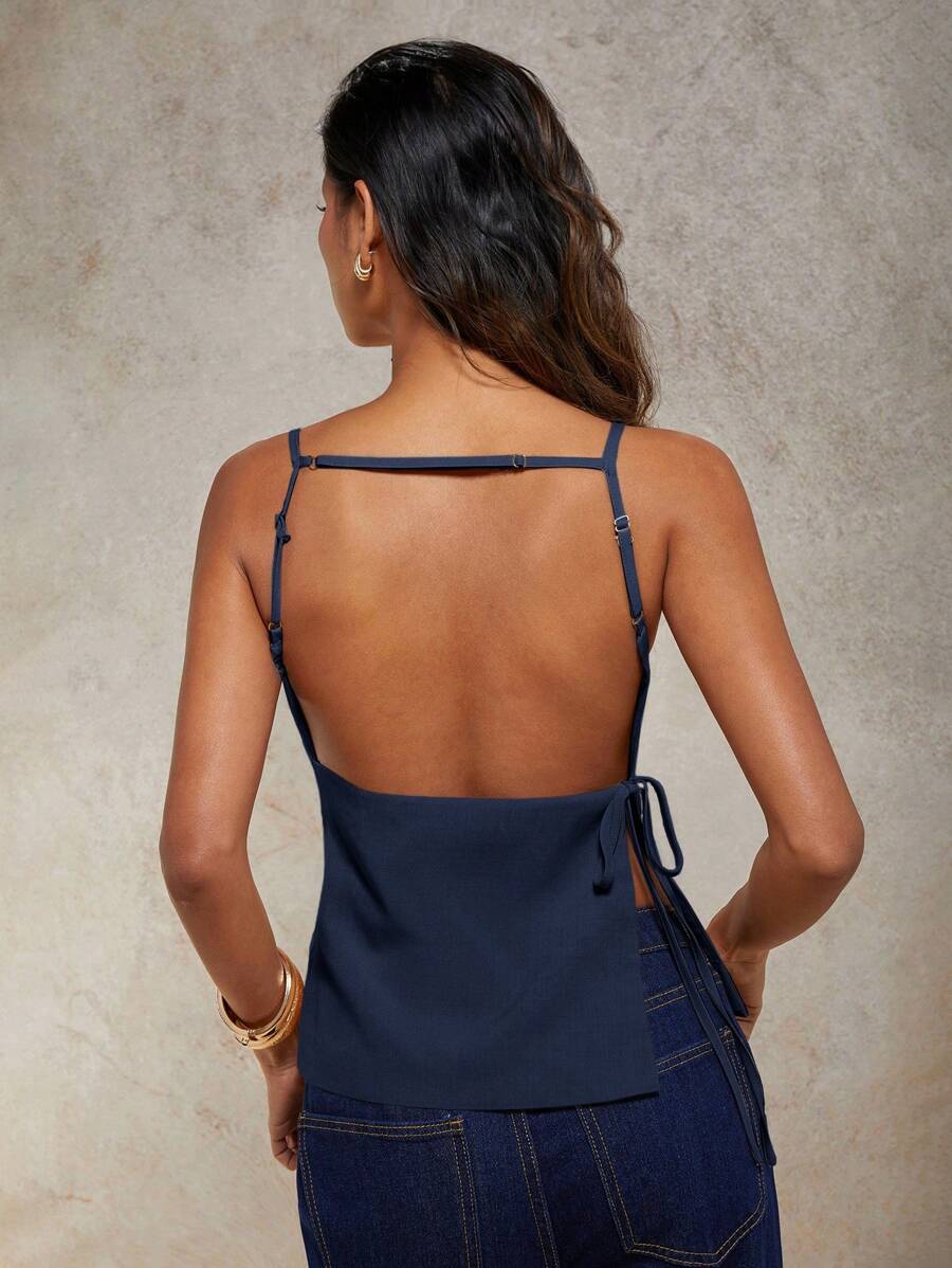 COSMINA Top Cropped Feminina de Cor Sólida, com Recorte Nas Costas e Amarração - Azul Marinho - Visão 1