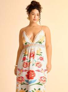 CAJUNI Vestido largo sin mangas con escote en V y estampado tropical de plantas coloridas para mujer de talla grande, uso casual de playa y vacaciones, verano - Multicolor - Ver 4