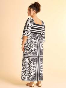 CAJUNI Plus Size Women Boho Retro Black Print Hollow-Out Loose Long Sleeve Maxi Dress, Vacation Style - Multicolor - View 3