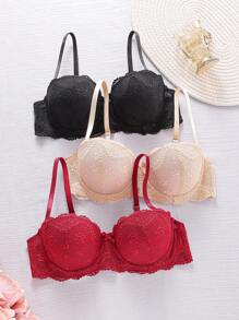 SHEIN 3 件套蕾丝边钢圈聚拢文胸，带不可拆卸衬垫，1/2 罩杯，适合女士 - 彩色 - 查看 7