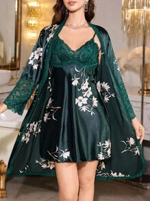 SHEIN Lace Patchwork Floral Print Satin Camisole Dress & Robe Set Silk Robe Set Lingerie Set With Robe 3pc Pajama Set Green Night Gown With Robe Lace Pajama Set, Fall Clothes - Green - View 1