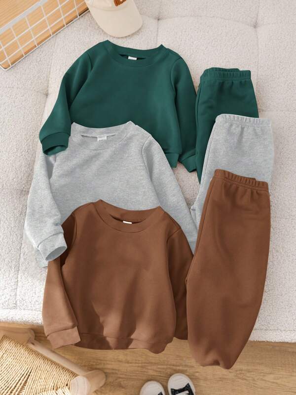 SHEIN Set de 6 piezas de sudadera de cuello redondo holgada de hombros caídos y pantalones para niños pequeños de uso diario y casual, compra 1 llévate 2 gratis, adecuado para viajes, escuela, reuniones diarias, otoño/invierno, vacaciones y regalos, en tela polar y con forro grueso