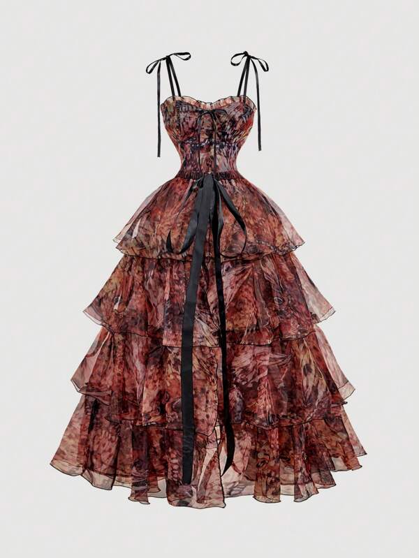 SHEIN MOD Vintage Oil Painting Butterfly Print Gorgeous Two-In-One Dress With Detachable Skirt And Layered Cake Hem - Court Style, Birthday Gown, Cruise Dress, Layered Outfit For Dates, Parties, Holidays, Tea Parties, And Balls