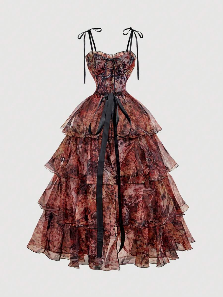 SHEIN MOD 复古油画蝴蝶印花华丽二合一连衣裙，配有可拆卸裙摆和分层蛋糕下摆 - 宫廷风格、生日礼服、巡航礼服、适合约会、派对、节日、茶会和舞会的分层服装 - 棕色 - 查看 1