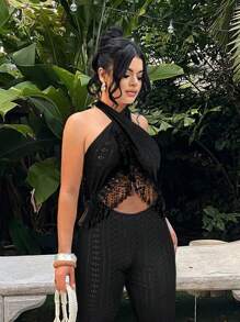 SHEIN SXY Women's Cut-Out Waist Halter Textured Fringe Jumpsuit, For Vacation