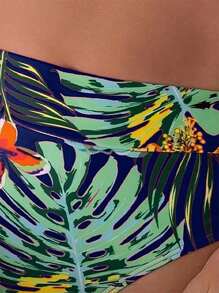 SHEIN Swim Nueva ropa interior de mujer para natación de cintura alta, shorts de bikini con estampado tropical de palmas para fitness