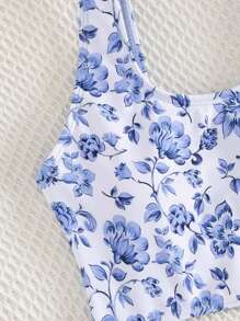 SHEIN Tween Girls' European & American Style Floral Print Hollow-Out One-Piece Swimsuit, Suitable For Beach And Vacation In Summer - Blue and White - View 3