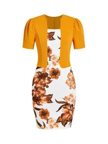 Ellevyn Damen Blumen-Muster elegantes Kurzarm-Kleid, Sommer Business Lässig Arbeitskleid, Ausgehoutfit