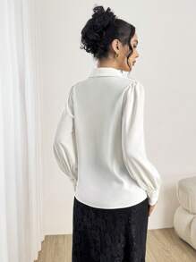 Modelyn Elegant Commuting Solid Color 3D Floral Puff Sleeve Shirt Fall Cloth For Women - White - View 2