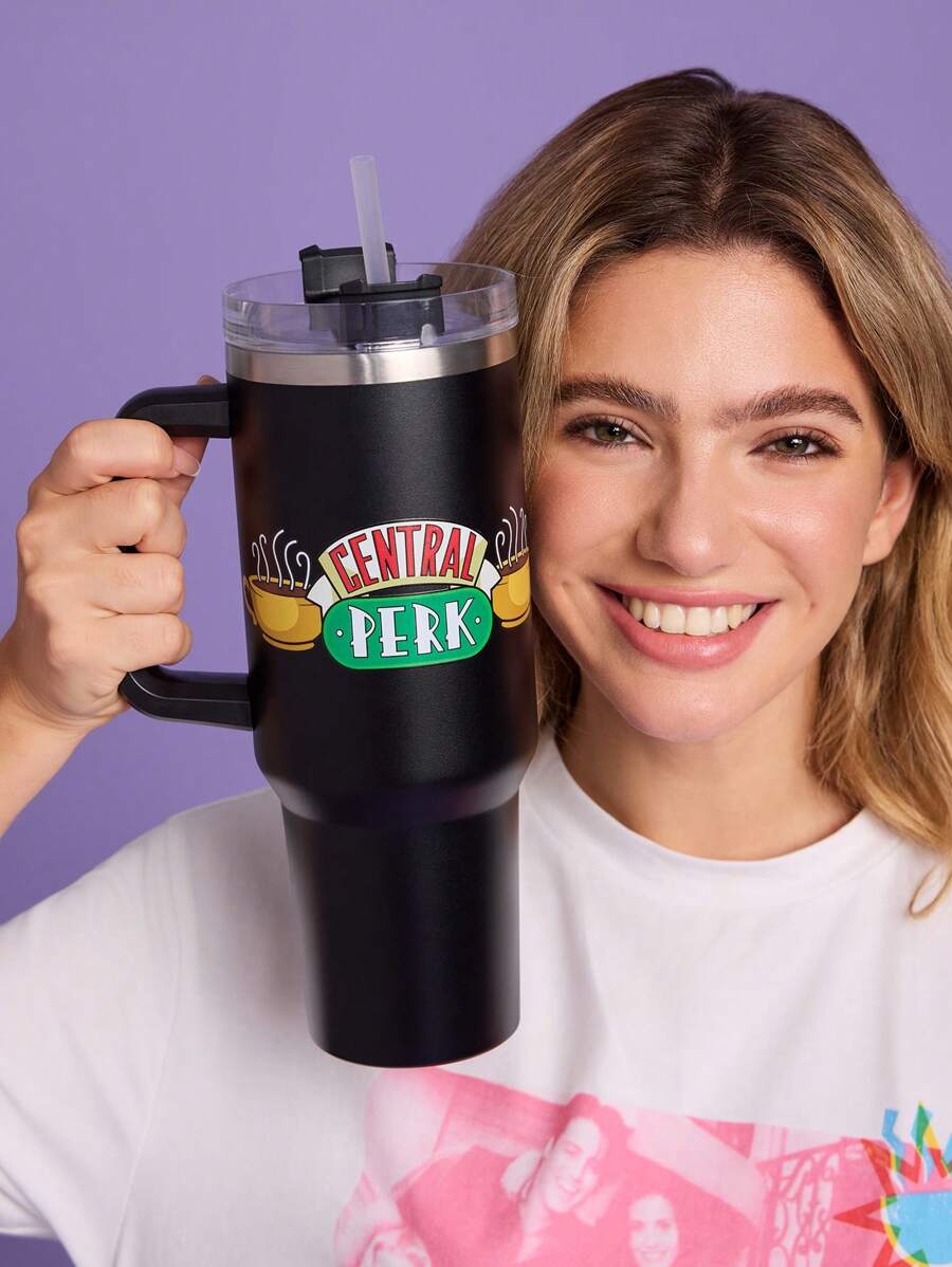 FRIENDS X SHEIN Botella de agua de acero inoxidable de 1200 ml / 40 oz, mantiene el agua fría, con pajita, apta para agua caliente y bebidas frías