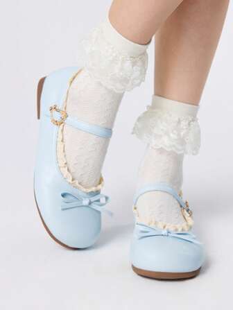 Kawaii Women's Blue Mary Jane Flats, Closed Toe, Bow Decor, Lolita Ballet Flat Shoes
