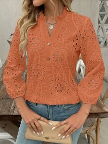 SHEIN LUNE Blusa de lino casual con cuello en V, volantes, botones, bordado y manga larga hueca para mujer - Naranja - Ver 7