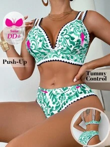 Swim DD+ Women's Summer Beach Floral Print Sexy DD+ Wireless Triangle Cup Bikini Set