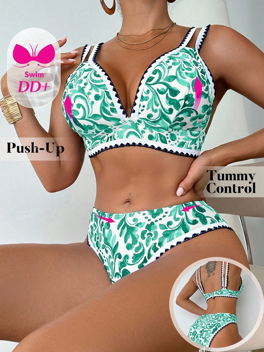 Swim DD+ Women's Summer Beach Floral Print Sexy DD+ Wireless Triangle Cup Bikini Set