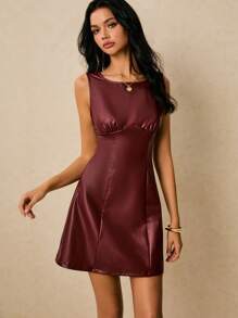 Poéselle Women's Chic Elegant Burgundy Autumn PU Fabric Round Neck Ruched Sleeveless Mini Dress,Old Money Style Dinner Date Fashion Solid Color Fall Clothes - Burgundy - View 6
