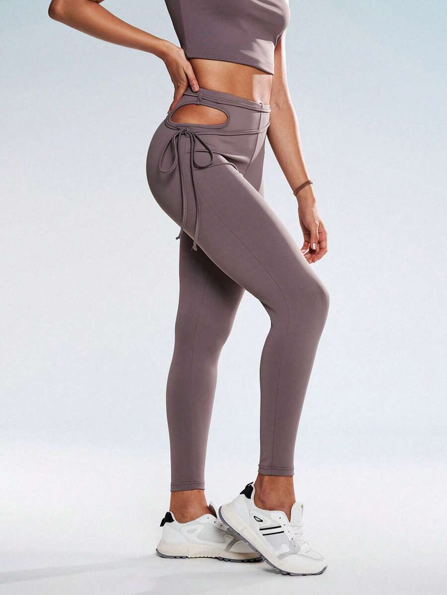 Gameset SHEIN Sport Women's Minimalist Solid Color Hollow-Out Knot Sports Leggings - Light Grey - View 1
