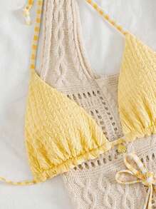 Swim Mod Bộ bikini tam giác màu vàng cổ yếm 2 lớp vải ngọt ngào dành cho nữ, có dây buộc eo bên hông, quần ngắn gợi cảm, mùa hè - Màu vàng - Xem 7
