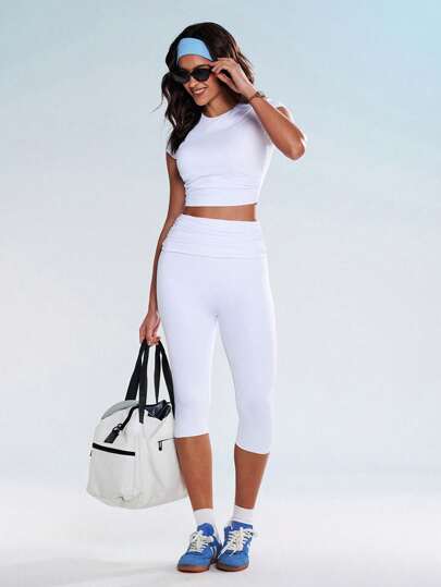 Gameset SHEIN Sport 2 件女式简约圆领短袖褶皱下摆短款紧身运动打底裤休闲日常运动服套装，春夏健身女装套装