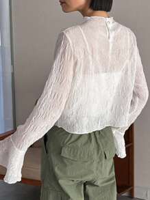 FRIFUL 女式纯色纹理喇叭袖上衣，荷叶边长袖女式上衣 - 白色 - 查看 2