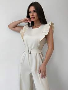 Firerie Bộ đồ liền thân ống rộng cổ tròn xếp nếp cạp cao thanh lịch & lãng mạn thời trang hàng ngày dành cho nữ, mùa hè - Màu be - Xem 6