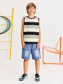 SHEIN Tween Boys' Casual Striped Crew Neck Tank Top & Denim Shorts Set, Comfortable & Simple - Blue - View 5