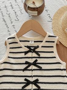 LMoss Kids LMoss  Young Girl Knit Striped Bow Embellished Fitted Camisole Girls Striped Top Kids Sleeveless Top Bow Top For Girls Cute Summer Top For Kids Girls Knitted Top Girls Sleeveless Top Kids Summer Top Striped Top For Girls Knitted Top For Girls