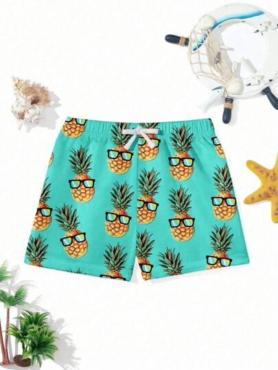 Young Boy Casual Loose Fashionable Cute Classic Stylish Pineapple Graphic Print Shorts Swim Trunks, Suitable For Summer