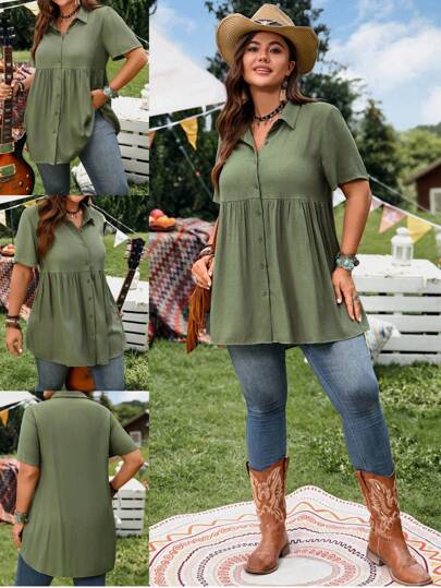 EMERY ROSE Chemise bleue à manches courtes et boutonnière, coupe casual et décontractée, col avec design court devant et long derrière, convient pour le printemps/été, grande taille