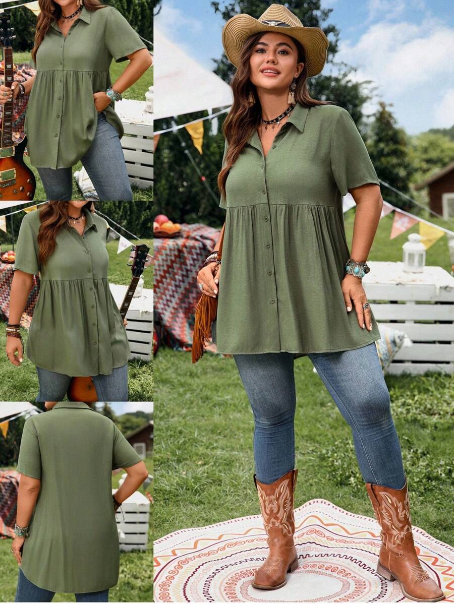 EMERY ROSE Camisa de lino de manga corta con botones, de corte casual y apropiada para vacaciones, con cuello, diseño corto en la parte delantera y largo en la parte trasera, adecuada para primavera/verano, festivales de música country, estilo bohemio, vacaciones, camisas de verano para mujer de talla grande, blusas para salir de talla grande - Verde militar - Ver 1