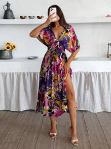 Robe de vacances sexy à col en V, manches chauve-souris, fente latérale, imprimé floral pour femmes