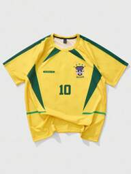 ROMWE MEN Prep Camiseta Masculina Casual de Manga Curta Raglan Gola Redonda com Impressão de Futebol e Letras