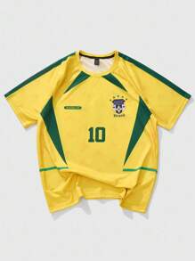 ROMWE MEN Prep 男式休闲足球字母印花圆领插肩袖短袖T恤 - 黃色 - 查看 1