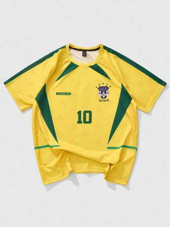 Prep Men's Casual Football & Letter Print Round Neck Raglan Sleeve Short Sleeve Jersey T-Shirt