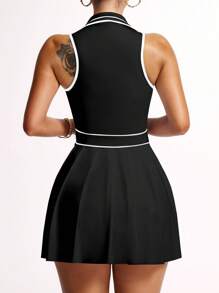 Slayform 女式休闲撞色褶边运动连衣裙，夏季 - 黑色 - 查看 3