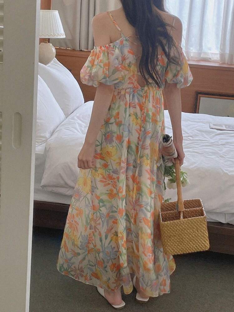 Off Shoulder Puff Sleeve Ditsy Floral Tie Waist Long Dress, Vacation Dress Cruise Outfit For Women Boho