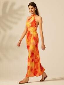 CAJUNI Women's Boho Tropical Tie Dye Print Dress, Casual Summer Beach Hawaii Vacation Sleeveless Backless Dress