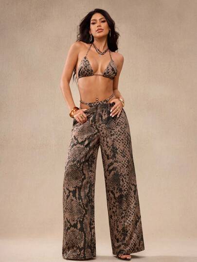 Y2Kool SV Pattern Studio Women's Casual Sexy Sheer Beach Pants Animal Print Design With Double Waistband Suitable For Beach Vacation Snake Print Brown For Vacation Boho Festival Country Concert Western Wear Club Sexy Going Out Streetwear Women Grunge Punk Y2K 2000s Back To School Club Outfits Women Sexy