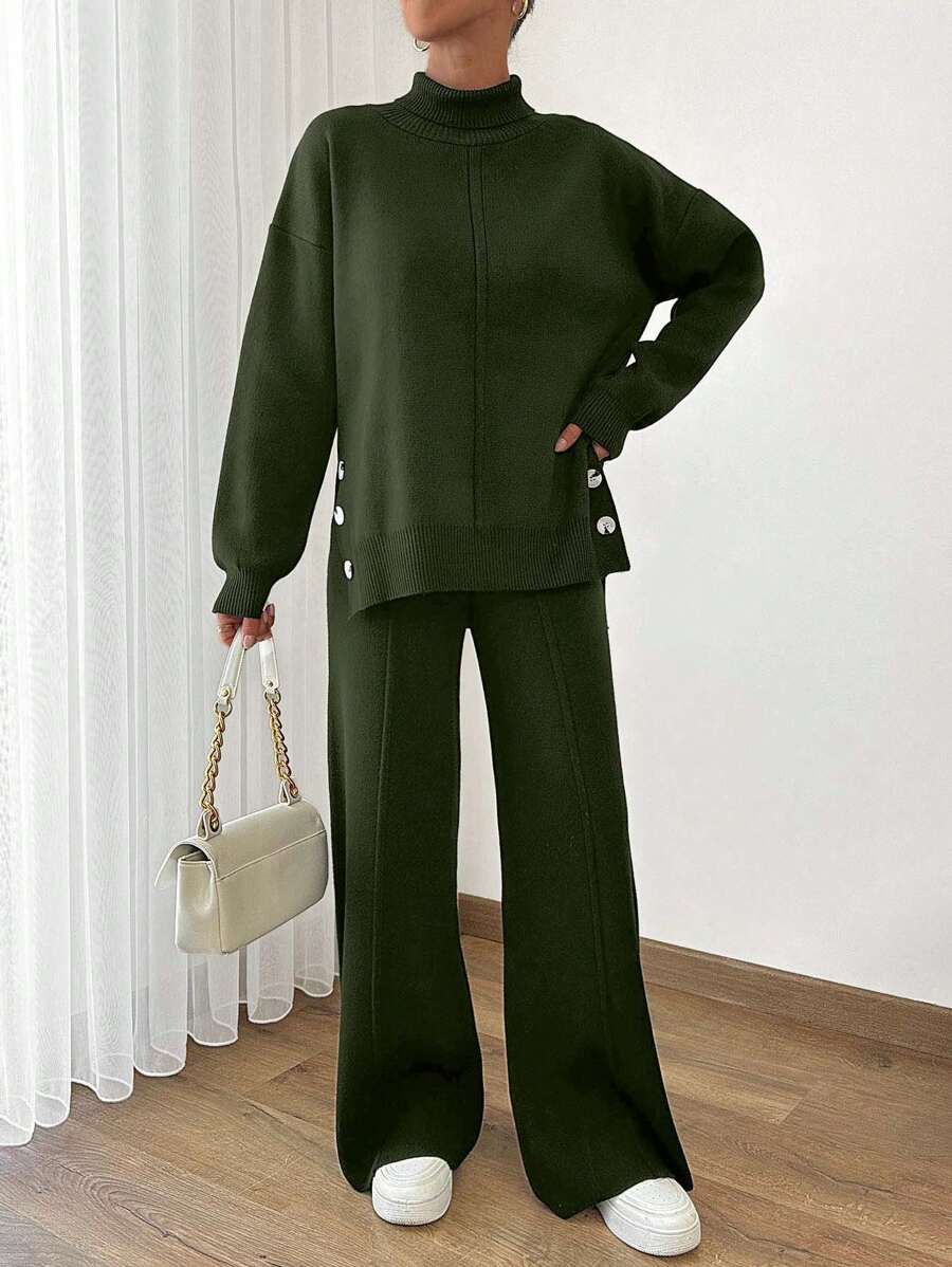 EURMUSE Damen asymmetrischer und knopf-detaillierter Saum Rollkragenpullover und Pullover-Hose Zweiteiler Outfit Co-Ords