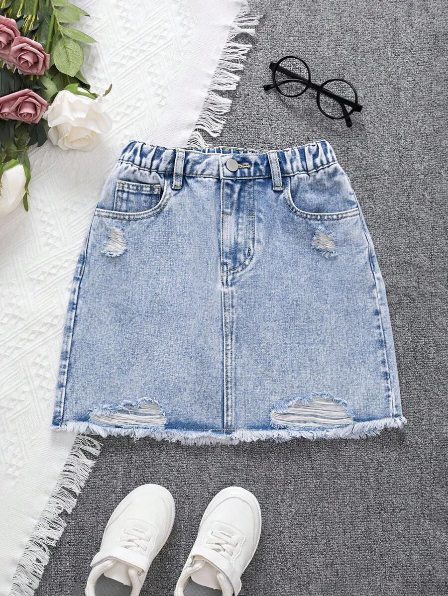 Sparklyn Denimly Tween Girls Fashionable Versatile Casual & Outdoor Denim Skirt, Elastic Waist, Zipper Closure, Ripped Hem Details, Washed Denim Skirt Summer Holiday