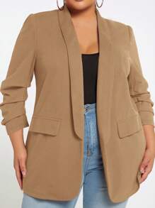 SHEIN SXY Plus Size Women Casual/Work Commute Simple Solid Color V-Neck Flap Decor Blazer Jacket Plus Size Blazers For Women Plus Size Jackets Fall Clothes Plus Size Plus Size Blazer Plus Size Fall Blazer Earthy Plus Size Winter Autumn - Khaki - View 7