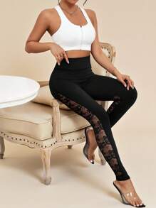 Amorya Contrast Lace Panel Black Leggings Fall/Winter Back To School Modest Vintage Old Money Teacher Airport Summer Black Pants Summer - Black - View 3