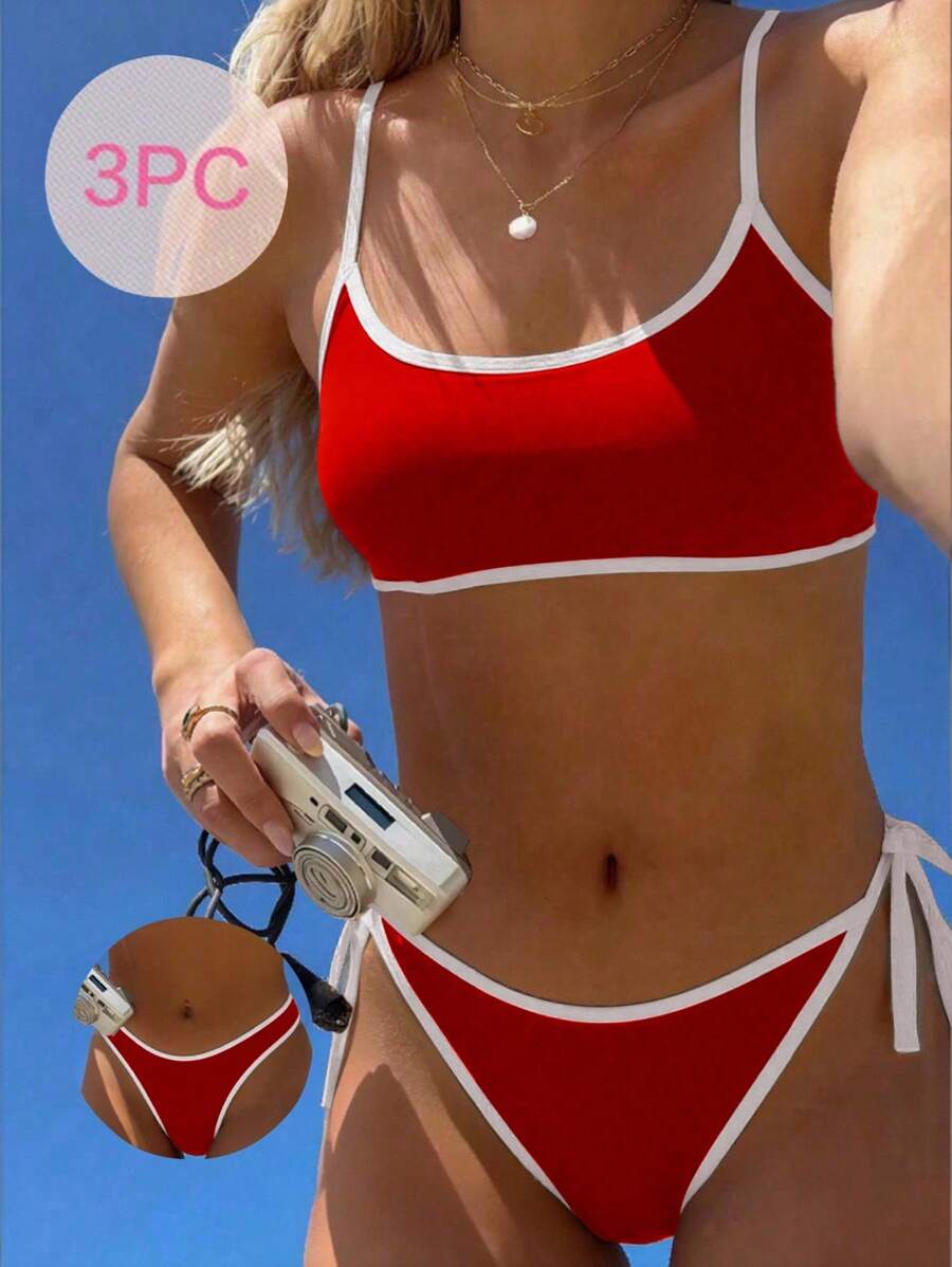 Swim Mod 2025新款3件套女士吊带无钢圈纯色比基尼套装含泳裤分体泳衣 - 紅色 - 查看 1